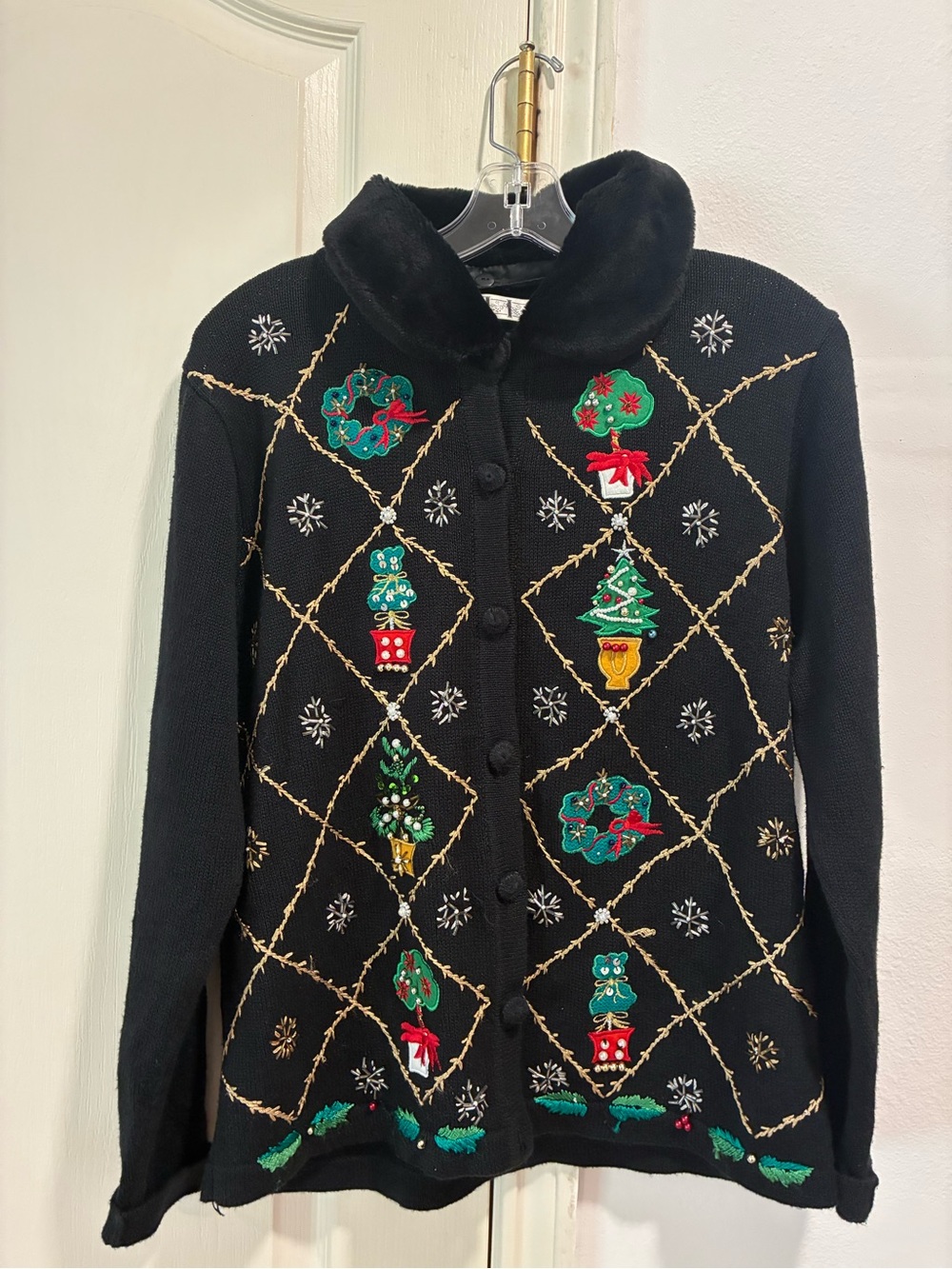 OHI Black Embroidered Holiday Christmas Vintage Cardigan Sweater Medium